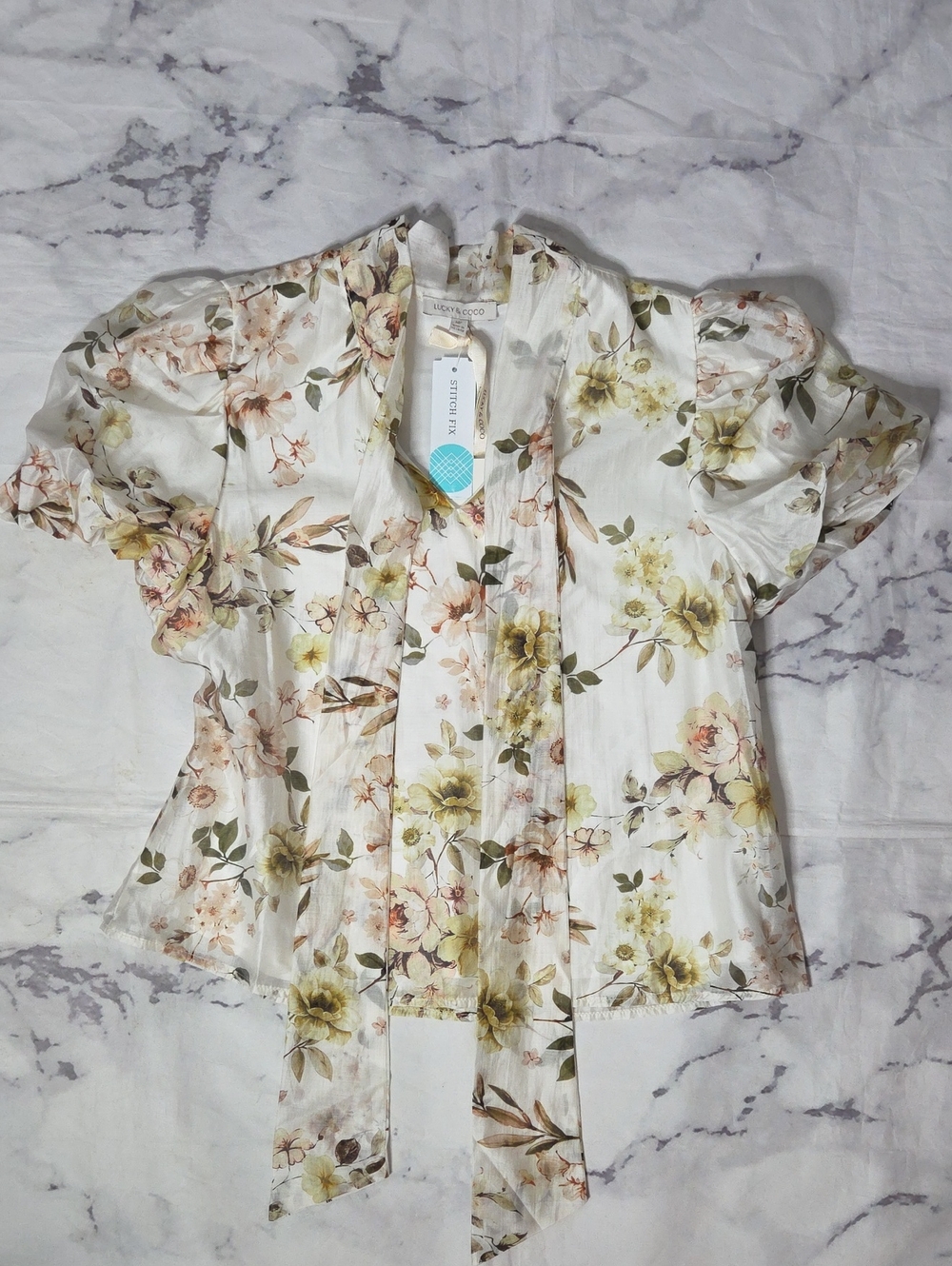 Lucky & Coco Cream Floral Puff Sleeve Top